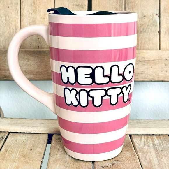 NWT Gorgeous Hello Kitty Pink Striped Glossy Ceramic Tall Travel Mug with lid - Picture 10 of 16